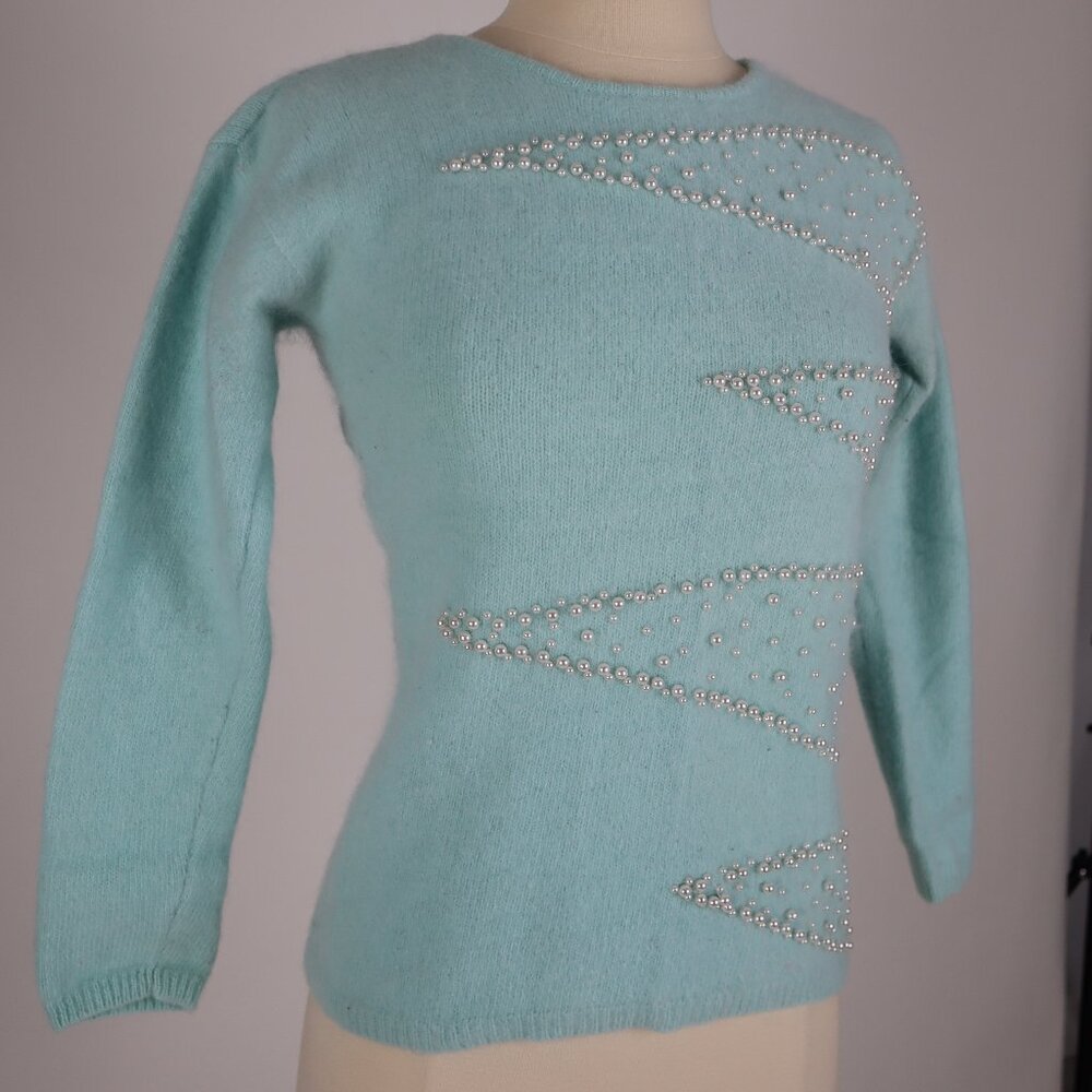 Vtg 80's Baby Blue Angora Pearl Beaded Sweater Warm Pull Over Woman Cardigan S